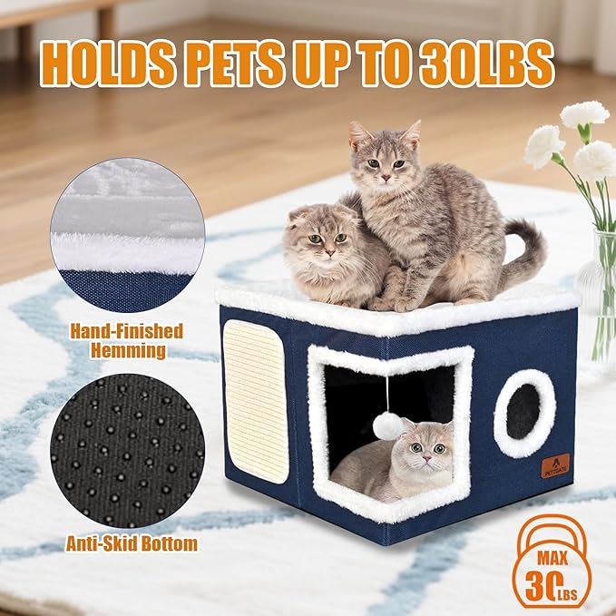 Cat Beds for Indoor Cats - Foldable Cat Hideaway with Hanging Fluffy Ball and Scratch Pad, Large Cat Bed Cave with Reversible Cushion for Multi Small Pet Kitten, Blue