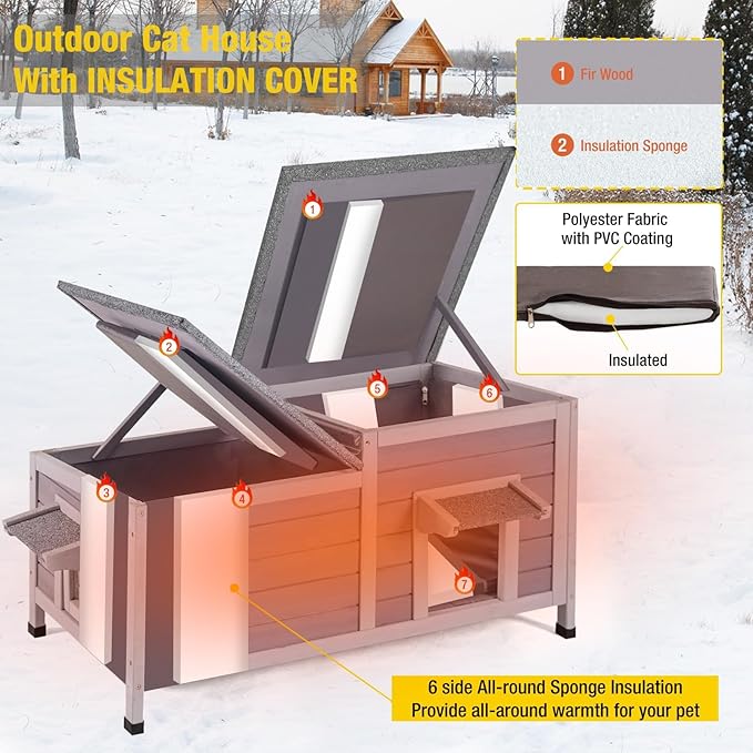 Aivituvin Heated Cat House for Outdoor Wooden Cat Condo Weatherproof Insulated Feral Cat Shelter Outside for Winter
