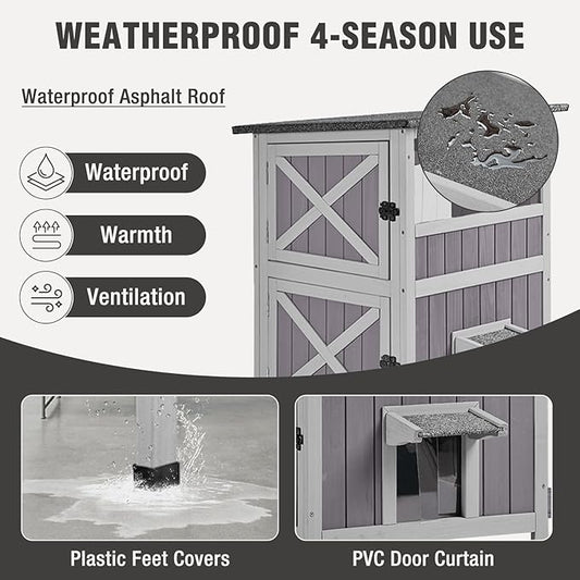 Outdoor Cat House Weatherproof, Heated Feral Cat House with Insulated Liner, 2-Storys Wooden Stray Cat Shelter for Winter
