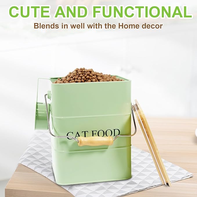Cat Food storage container Cat Treats Jar,5~6 lb Metal food treats tin for Cat, pet snacks Canisters with wooden lid/handle/sevice scoop-Green
