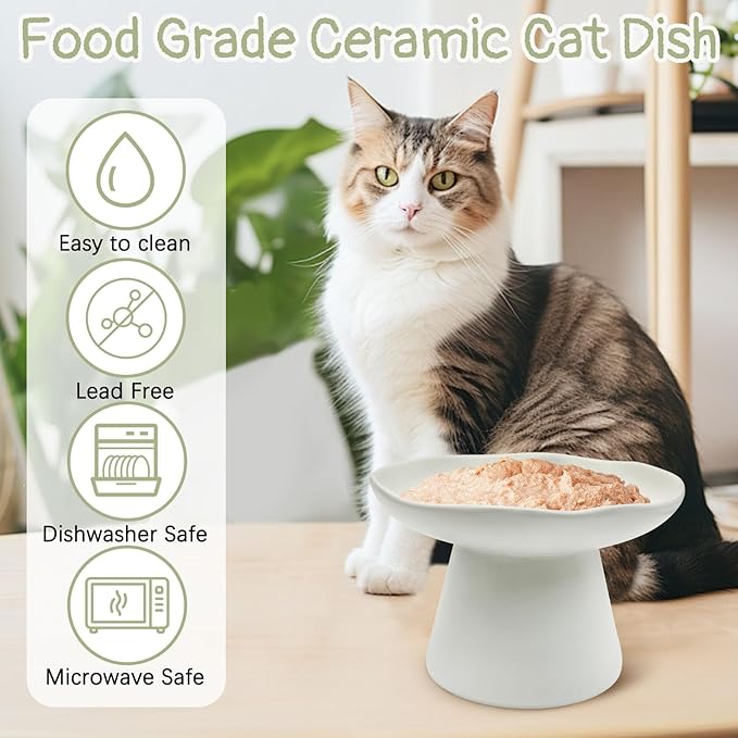 VCEPJH Raised Cat Food Bowls Shallow Cat Plate Ceramic Elevated Cats Dish 6.1in Flat Anti Whisker Fatigue Wide Pet Food & Water Feeder for Indoor Kitty Kitten (White)