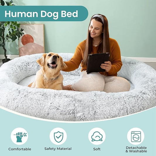 JOLLYVOGUE Human Dog Bed for Adults and Pets, Ultra-Soft Plush Giant Dog Bed with Egg Crate Foam, Non-Slip Base, and Machine Washable Cover - Ideal for Relaxation and Napping, Light Grey