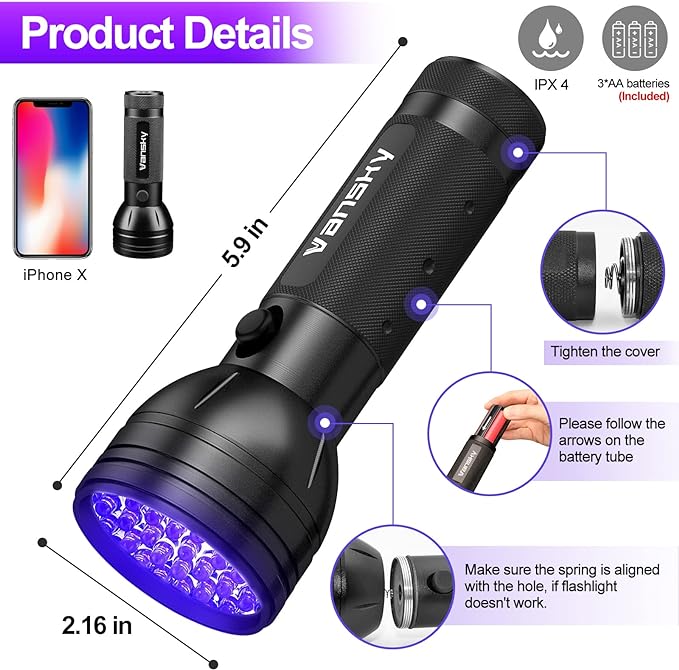 Vansky Black Light UV Flashlight, Upgraded 51 LED 395nm Blacklight Pet Urine Detector for Dog/Cat Urine, Dry Stains, Bed Bug, Matching with Pet Odor Eliminator(Batteries are Included)