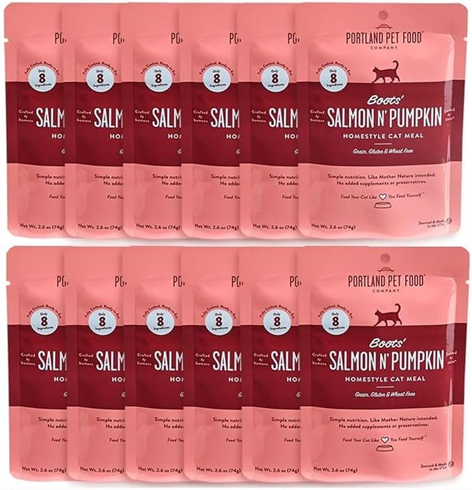 Human-Grade Mixed Variety Pack Wet Cat Food Pouch Boots' Salmon N' Pumpkin - Moist, Soft Cat Food Mixer, Topper, and Rotational Meal by Portland Pet Food Company -12 Pack