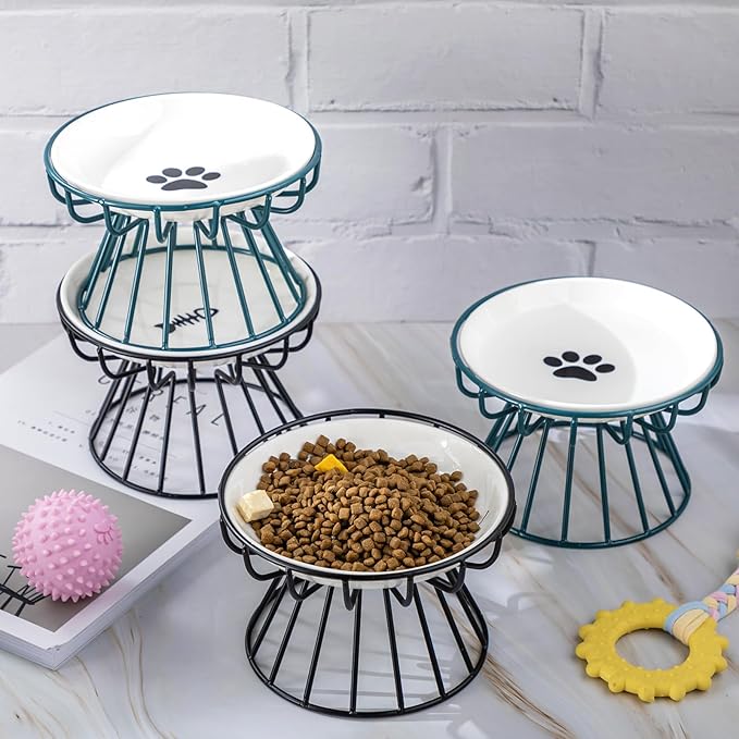 Roshtia 4 Sets Elevated Cat Bowls Ceramic Raised Cat Food Bowls with Metal Stand Dishwasher Safe Dishes Non Slip Elevated Food Plate(Black, Green,Fishbone, Paw)