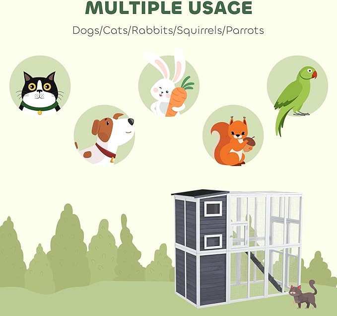 PawHut Catio Outdoor Cat Enclosure, Wooden Cat Patio with Platforms, Waterproof Asphalt Roof, Ramps, 77" L, Light Gray