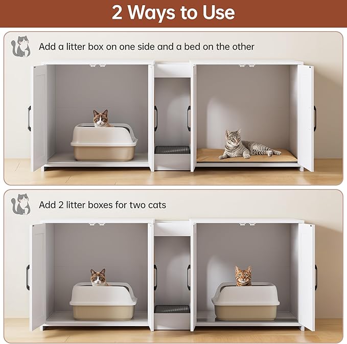 Litter Box Enclosure for 2 Cats, Hidden Litter Box Furniture with Double Rooms, Cat Bed, PVC Pad and Scratch Pad, White
