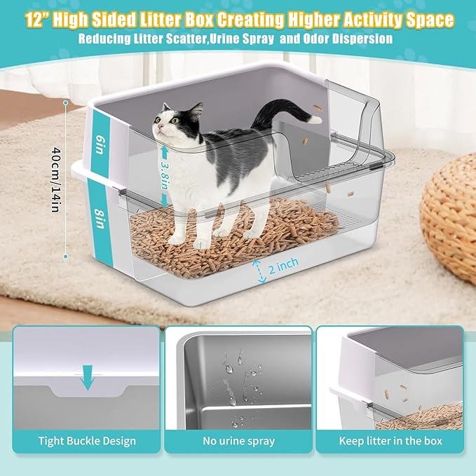 XL Stainless Steel Sifting Cat Litter Box with 6'' Sifting Box & 8'' Bottom Pan, Sifting Cat Litter Pan High Side, No Mess, Nnti-Odor, Easy to Clean, Metal Cat Litter Box with Metal Scooper & Liners