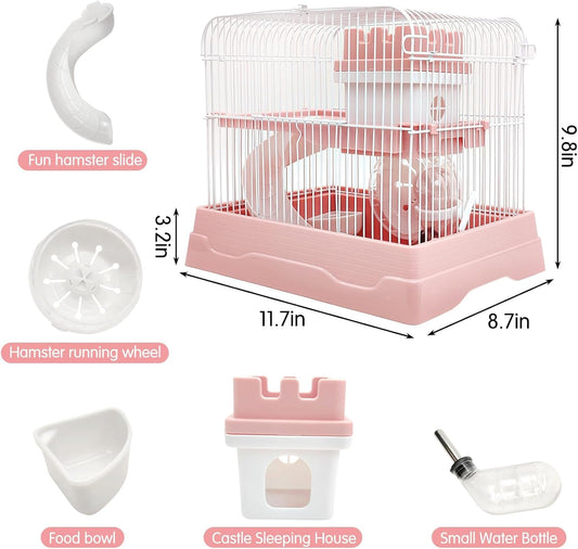 PINVNBY 2-Tier Dwarf Hamster Cage, Travel Portable Mouse Cage Gerbil Cages and Habitats Small Animal Carrier with Castle House Running Exercise Wheels, Water Bottle and Food Dis