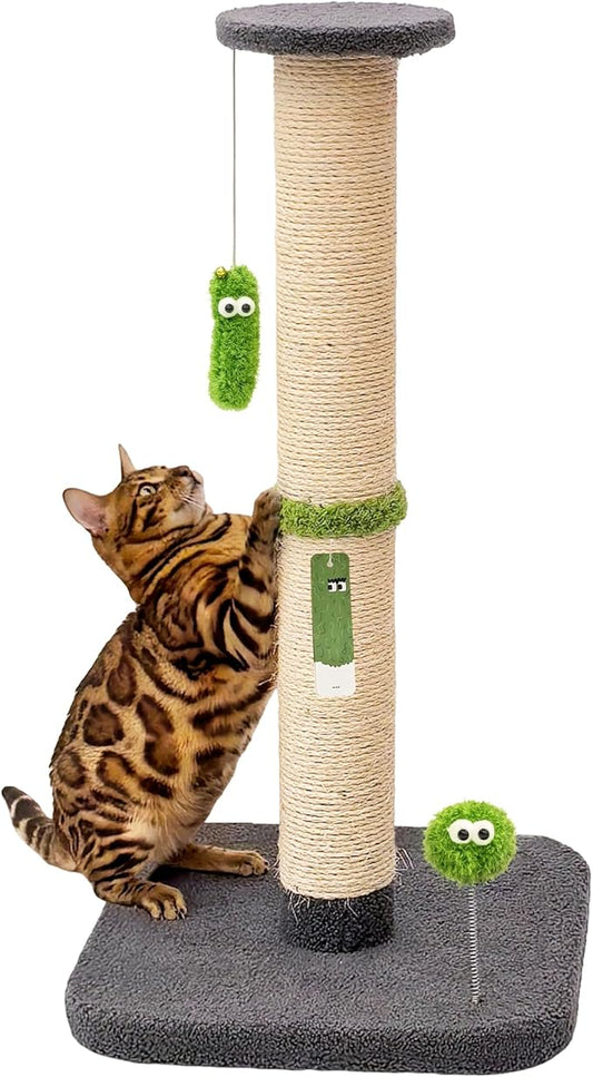 TINYBEAST 34.7" Tall Cat Scratching Post, 3 in 1 Heavy Duty 4.3" Diameter Natural Sisal Post with Hanging Bell Ball, Reinforced Stable Base for Indoor Adult Cats and Kittens(Grey)