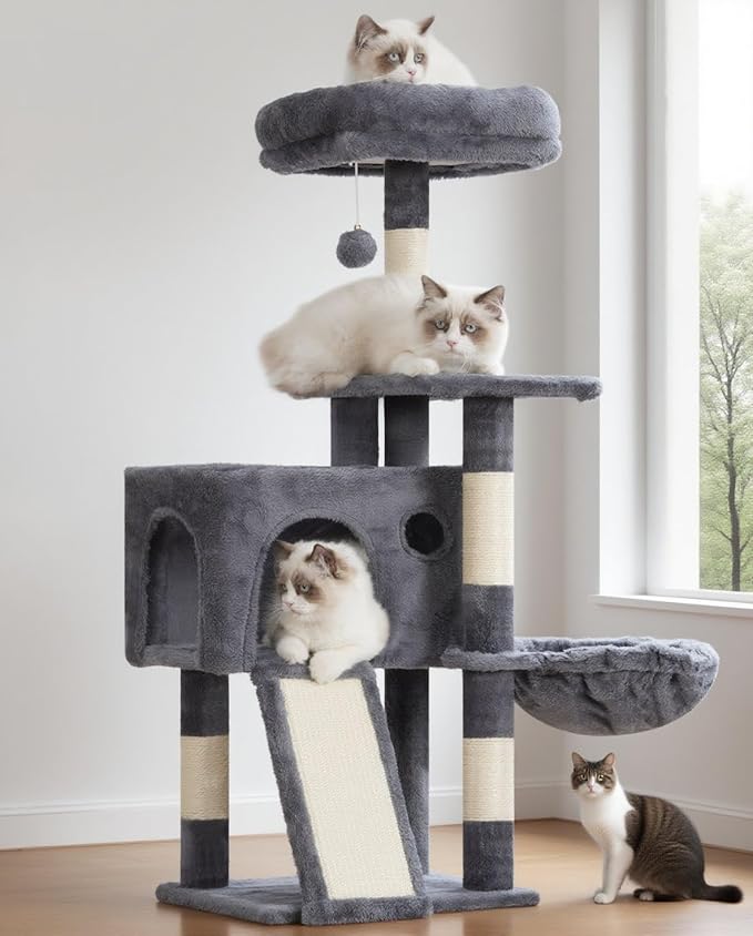 Cat Tree, 41.3" Cat Tower for Indoor Kittens with Scratching Board and Posts, Multi-Level Cozy Cat Condo with 2 Perches, Hammock, Balls, Smoky Gray GCT005SG