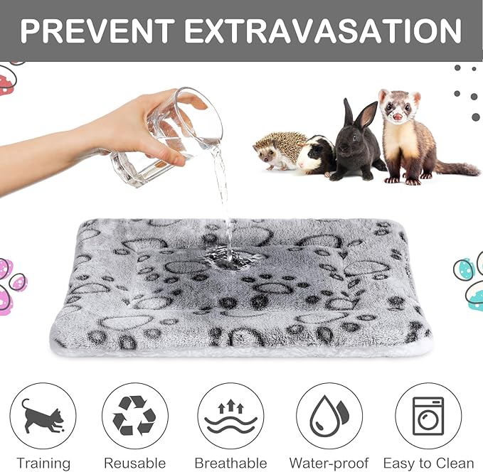 Haull 4 Pcs Waterproof Guinea Pig Bedding Winter Guinea Pig Bed Plush Cage Liners Soft Dog Cat Mat Reversible Winter Cozy Animal Pee Pad Hamster Bed Mat for Bunny(Gray Paw,13 x 10 Inch)