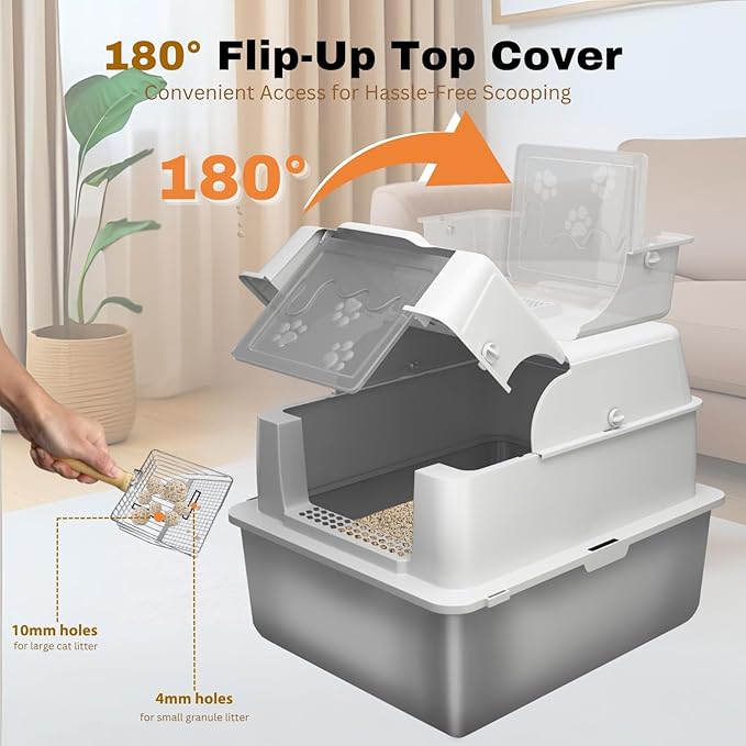 XXXXL Jumbo Stainless Steel Litter Box with Lid for Maine Coon, 28" L x 20" W x 19" H Extra Large Stainless Steel Cat Litter Box for Big Cat and Multi-Cats Families,Non-Sticky, Anti-Leakage