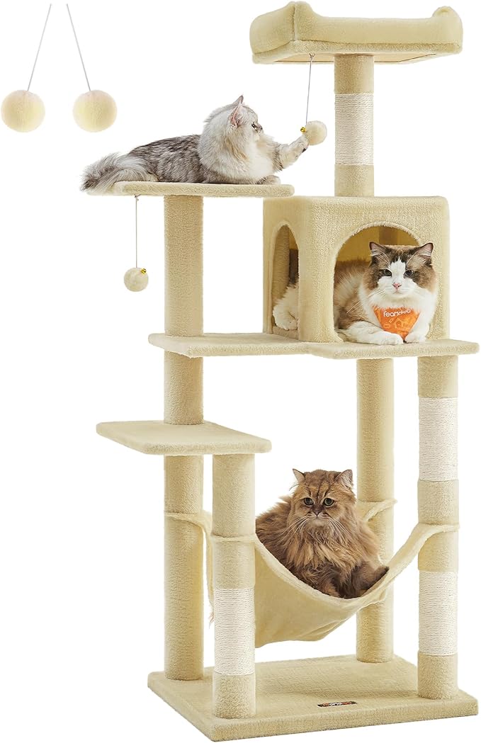Feandrea Cat Tree, 56.3-Inch Cat Tower for Indoor Cats, Multi-Level Cat Condo with 4 Scratching Posts, 2 Perches, Hammock, Cave, Beige UPCT161M01