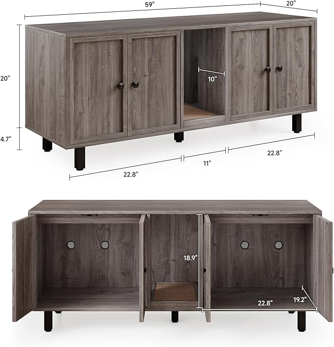 59 Inches Cat Litter Box Enclosure for 2 Cats, Hidden Litter Boxes Furniture with Cat Scratch Pad, Large Indoor Pet House with Double Room, Wooden TV Stand Side Table, Grey