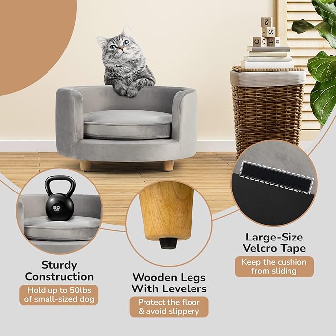 dCee Round Dogs Sofa - Cats Couch, Holds up to 50 Lbs, 24 in. Soft Velvety Pet Couch for Comfort Sleep, Joint Support, Dark Gray - Upgraded 2024