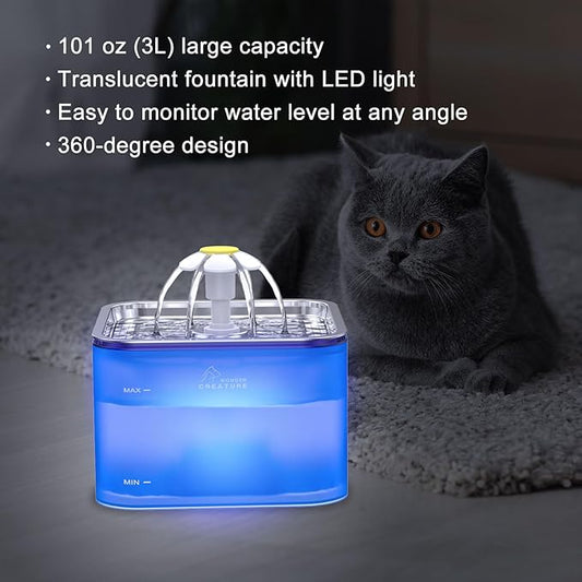 Crystal Cat Water Fountain Stainless Steel, 101oz/3L Pet Fountain with LED Light for Cats and Dogs (Blue)