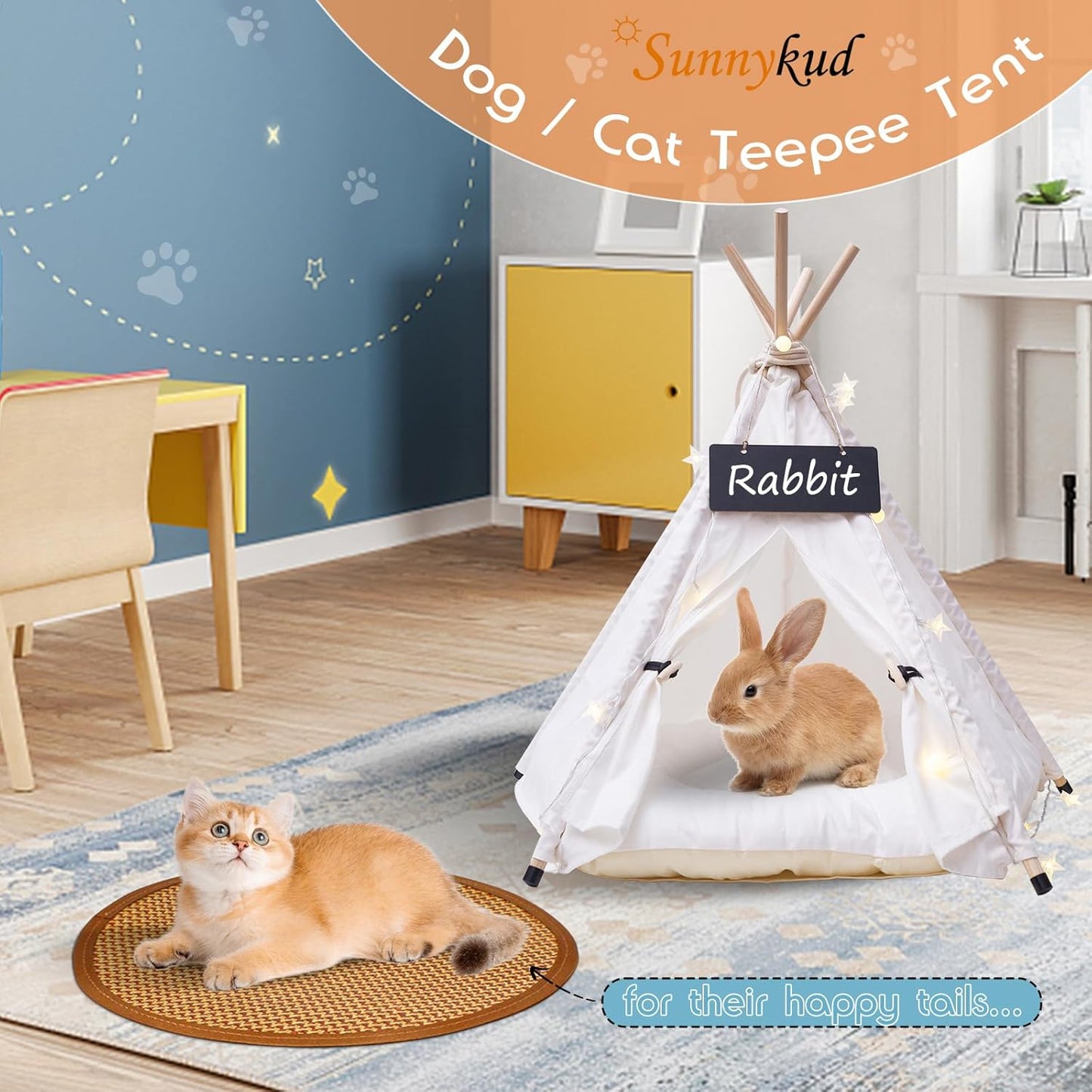 20" Dog& Cat Teepee Tent +24" Pet Cooling Mat +10ft Star String Light [2-Modes],Cotton Thicked Soft Comfort Anti-Slip Cushion (Used/Wash Separately),Medium Pets Tents House Indoor or Outdoor