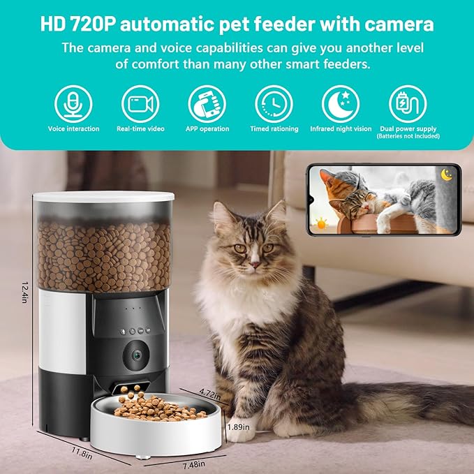 Automatic Cat Feeder with Camera, 2.4Ghz WiFi Timed Dog Food Dispenser with APP Control, 3L Auto Dry Food Feeders for Pets with HD Video, 1-8 Meals/Day, 10s Voice Recorder (Camera and WiFi)