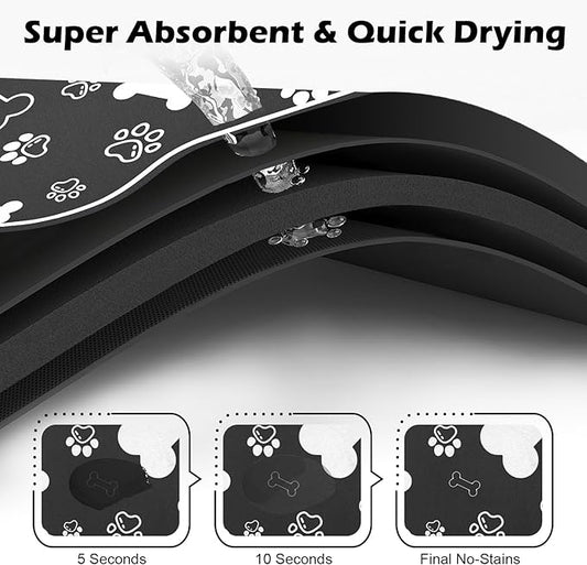 Dog Cat Food Mat,Rapid Absorbent Pet Feeding Mat, Bone Shaped Dog Placemat Water Bowl Mat with Rubber Backing,No Stains Dog Cat Food Mats Indoor, Pet Accessories Supplies 16"×24" Black