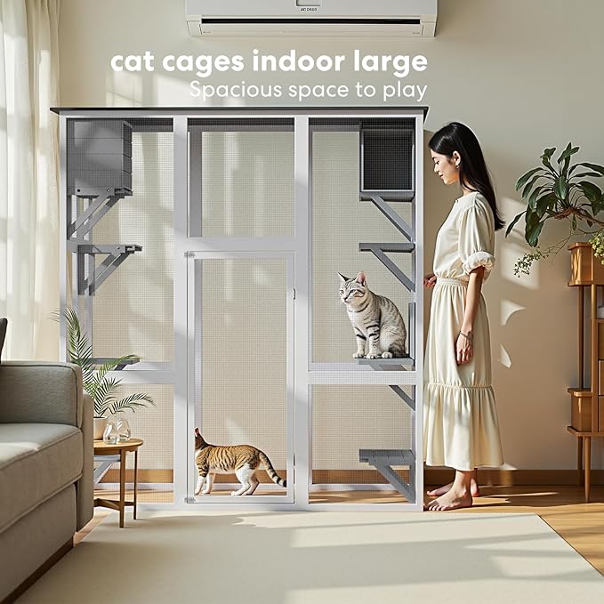Catio Outdoor Cat Enclosure, Large Kitty House Cat Condo Playpen with Platforms & Living House for Mulitiple Cats with Waterproof Roof 71", White