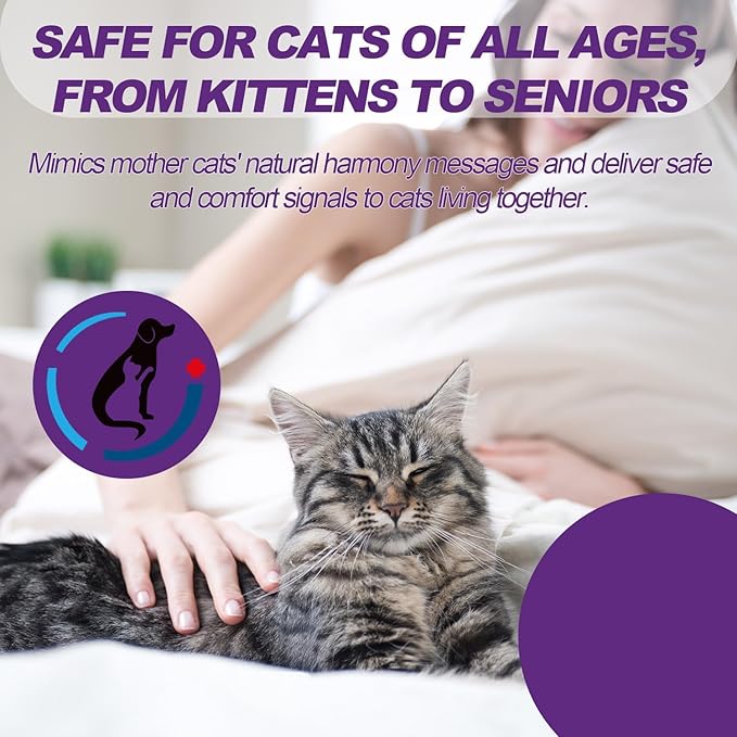 Cat Calming Diffuser, Cat Pheromones Calming Diffuser, Pheromone Dffuser to Calm Cats, Cat Calming Diffuser with 2 Diffuser + 4 Refill,120 Days for Cats Relief Stress Anxiety (Purple)