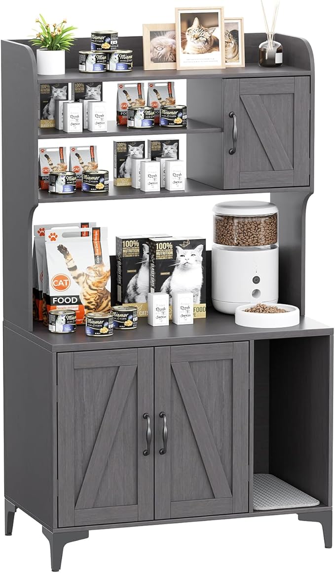 Large Cat Litter Box Enclosure Furniture with 3 Open Shelves and Storage Cabinet, Farmhouse Cat House Washroom with Scratch Pad, Modern Wood Pet House Side End Table for Livingroom Bedroom