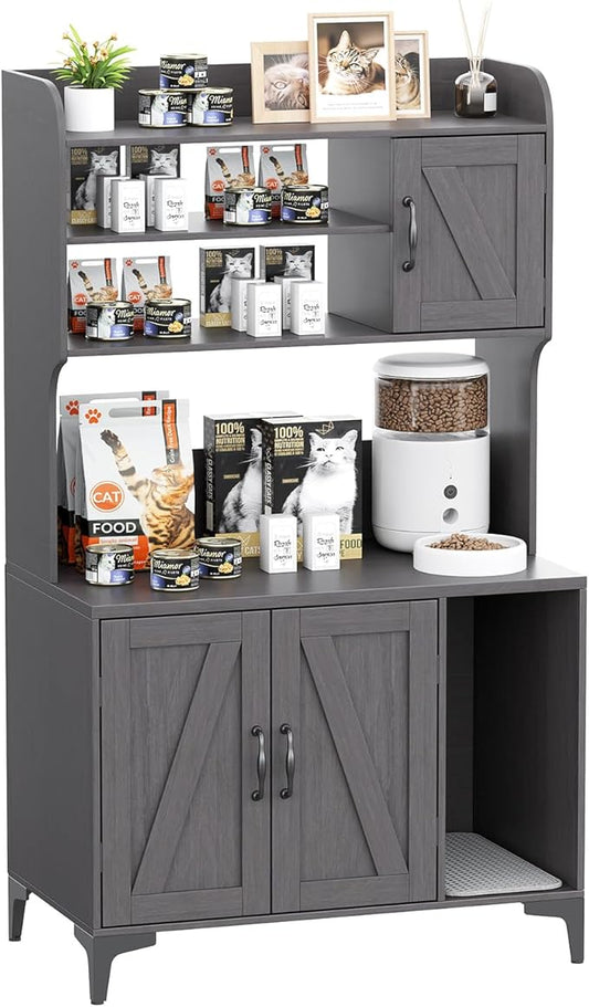 Large Cat Litter Box Enclosure Furniture with 3 Open Shelves and Storage Cabinet, Farmhouse Cat House Washroom with Scratch Pad, Modern Wood Pet House Side End Table for Livingroom Bedroom