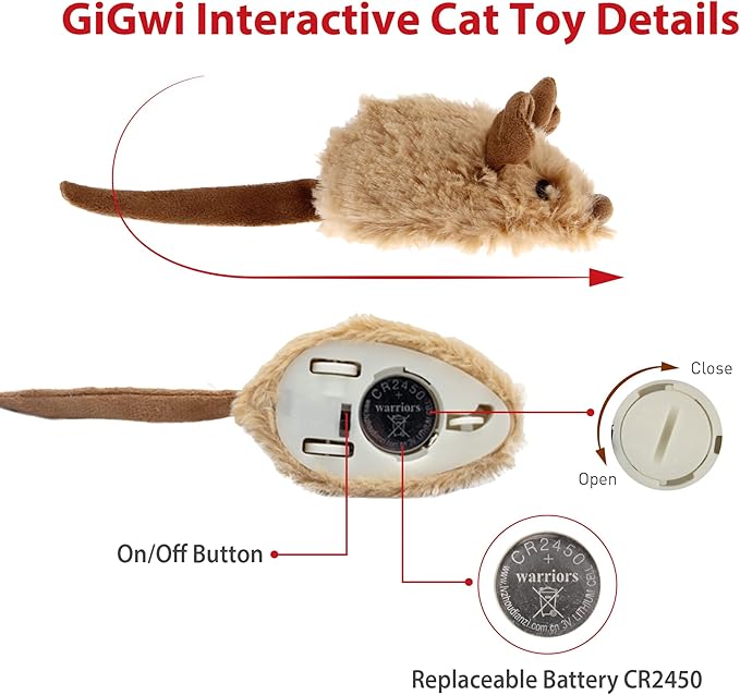 Gigwi Interactive Moving Mouse Cat Toy with Realistic Squeaky Sound, Automatic Mouse Toys for Indoor Cats, Electronic Mouse Toy for Self Play & Exercise(Brown Ear)