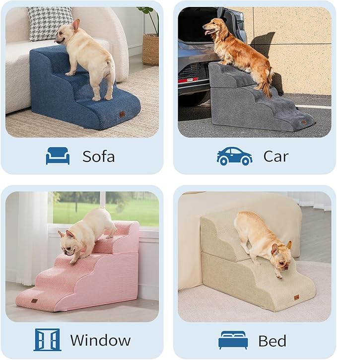 Made4Pets Dog Stairs Ramp for Bed, 4-Step Dog Steps for High Bed Couch Sofa Climbing, 35D Foam Pet Steps for Small Dogs and Cats, Non-Slip Bottom Pet Stairs, Navy