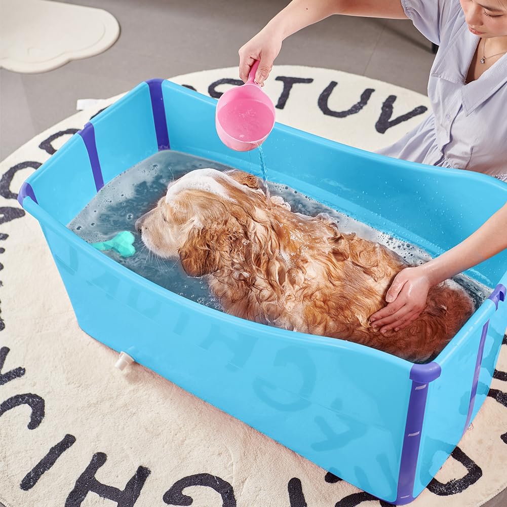 Portable Dog Bathtub for Large Dogs - 48.4Gal Foldable Pet Wash Station with Drain Plug, Insulated & Non-Slip Design for Indoor/Outdoor Bathing, Grooming, Camping（Blue）
