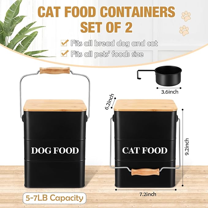 Tioncy 2 Pcs Metal Dog and Cat Food Storage Containers Big Pet Food Containers with Bamboo Lids and Spoon Airtight 5-7 Lbs Dog Cat Treat Snack Jars with DIY Labels for Kitchen Counter(Black)