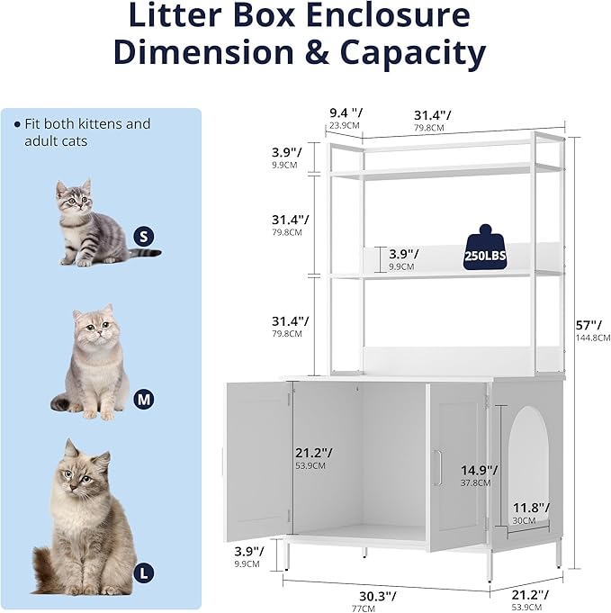 Cozy Castle Litter Box Enclosure, 57'' Cat Litter Box Furniture with Large Cabinet, Shelves, Hidden Cat House for Most of Litter Boxes, Wooden Pet Washroom Indoor, White, No-Hook