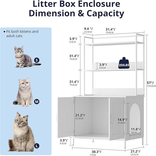 Cozy Castle Litter Box Enclosure, 57'' Cat Litter Box Furniture with Large Cabinet, Shelves, Hidden Cat House for Most of Litter Boxes, Wooden Pet Washroom Indoor, White, No-Hook
