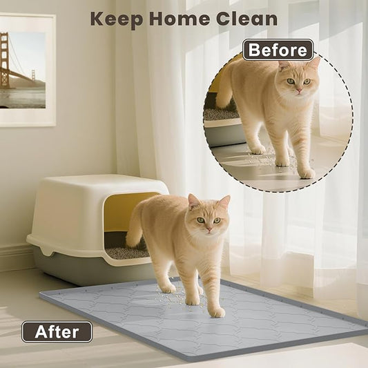 Cat Mat for Litter Box, 38" X 26" Large Silicone Cat Litter Trapping Mat, Easy Clean for Scatter Control, Soft on Kitty Paws, Waterproof, Urine-Proof, Non-Slip Kitty Litter Mat for Floor, Gray