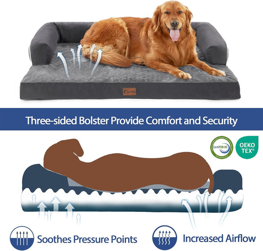 Orthopedic Dog Beds for Large Dogs, Waterproof Dogs Beds, Memory Foam Dog Couch Beds, Comfy Bolster Pet Beds with Removable Washable Cover, Nonskid Bottom (Large, Dark Grey)