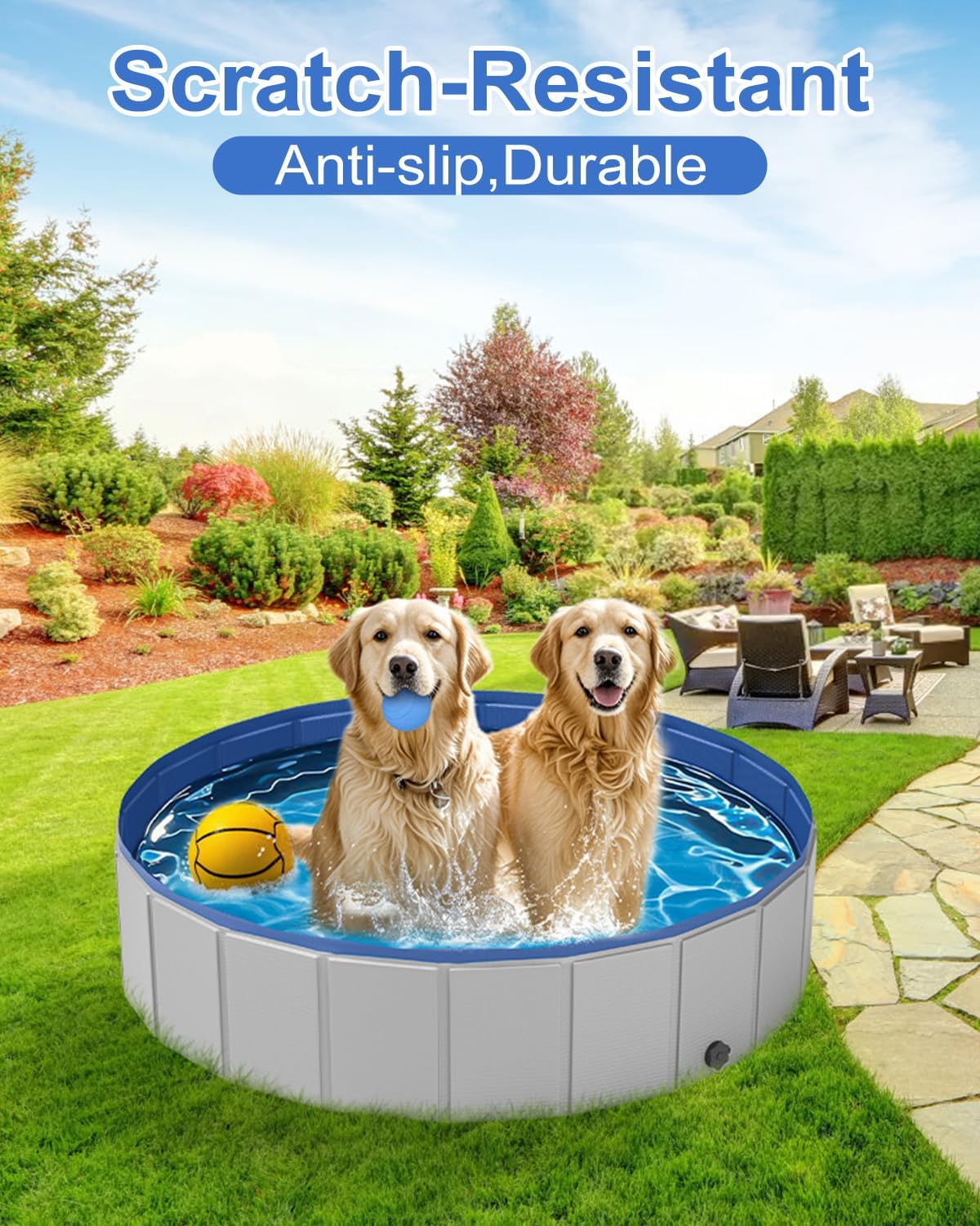 Dog Pool for Large Dogs, Foldable Plastic Pool for Dogs Slip-Resistant (XL - 79'' x 16'')