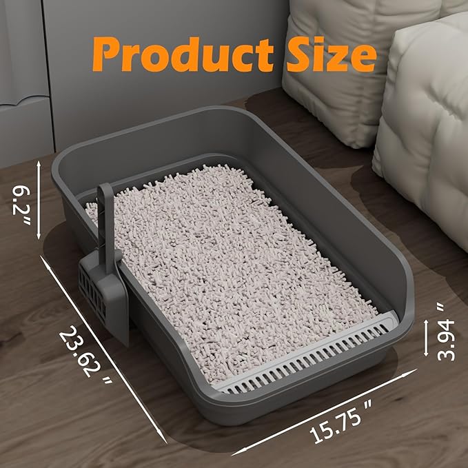 Extea Large Cat Litter Box with High Sides,Cat Boxes for Indoor Cats,Cat Litter Pan for Kitty,Litter Box with Low Entry,Easy to Clean,Anti-Splashing,23.6" x15.7" x6.2" (Grey)