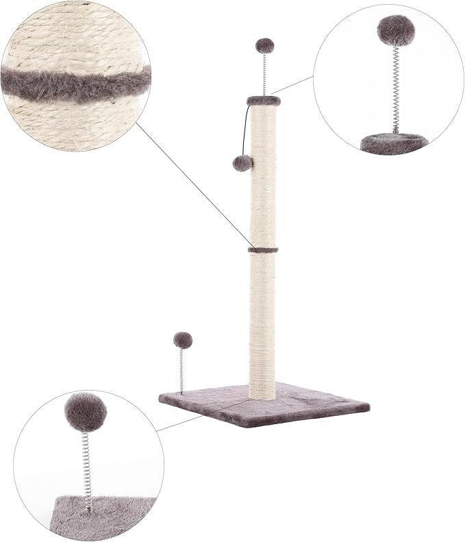 CTR1010A Rylie 38" Farmhouse Sisal Pillar Cat Scratching Post with Fuzzy Toys and Spring Balls, Gray/Cream