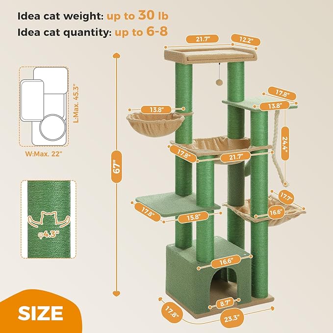 Cactus Cat Tree for Large Indoor Cats – 67" Tall Cat Tower with 13 Thick (φ4.3in) Scratching Posts, Spacious Top Bed, Metal Frame & Cozy Hammocks, Ideal for Maine Coon (Up to 20 lbs) - Green