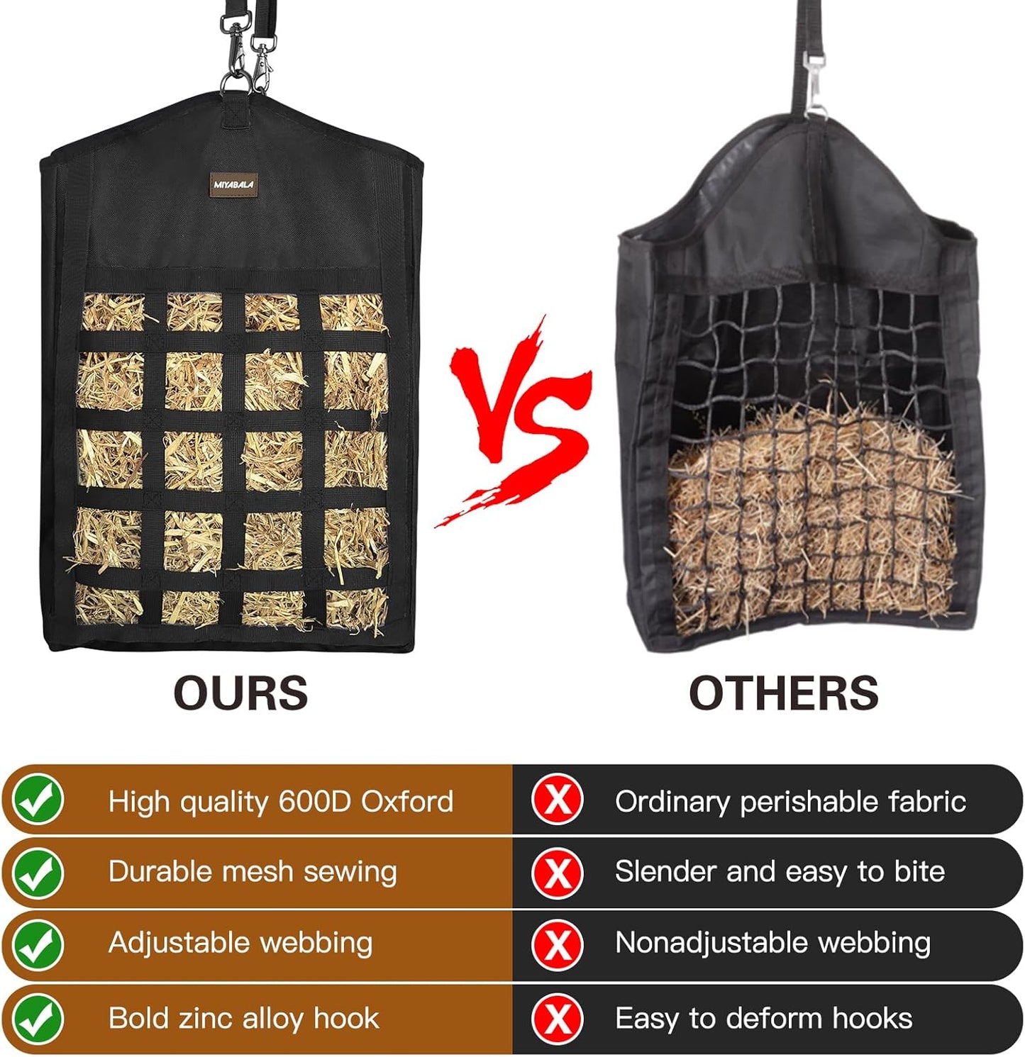 Hay Bags for Horses,3 Packs Slow Feed Hay Bags for Goats,Sheep,Donkey,Premium Oxford Hay Feed Bags with Front Hay Nets Design, Easy to Fill and Hang with Large Opening (3 Black)