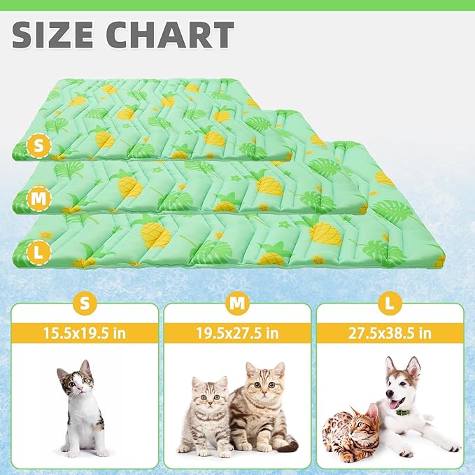 KOOLTAIL Cat Cooling Mat, Upgraded Two Sided Cooling Pad for Dogs Cats Puppy, Soft Pet Sleeping Blanket Keep Cool in Summer with Cute Fruit Pattern, Washable Waterproof for Crate Sofa Bed, Green S