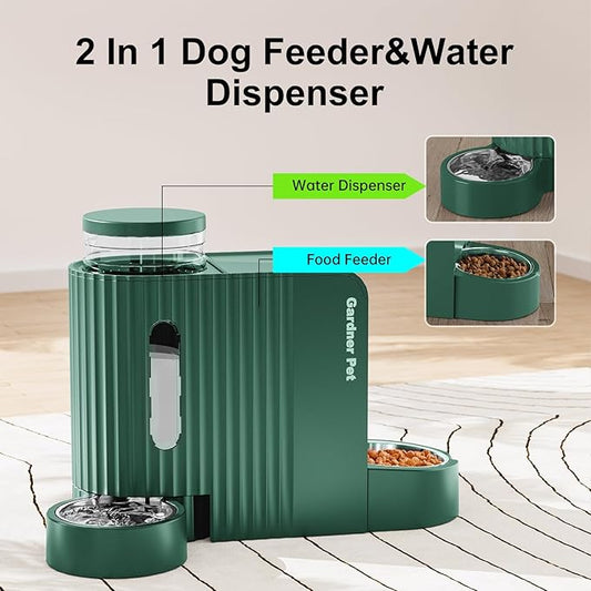 Gardner Pet Automatic Gravity Pet Feeder, 0.8 Gallons*2 Dog Feeder and Water Dispenser Set 100% BPA-Free, 2-in-1 Gravity Feeder with Stainless Steel Bowl for Dogs, Cats, Rabbits, Puppies (Green)