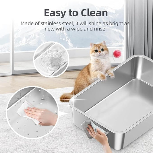 Enclosed Stainless Steel Cat Litter Box with Lid Extra Large Litter Box for Big Cats XL Metal Litter Pan Tray with High Wall Sides Enclosure, Non-Sticky, Anti-Leakage, Easy Cleaning (8 in Dark Grey)
