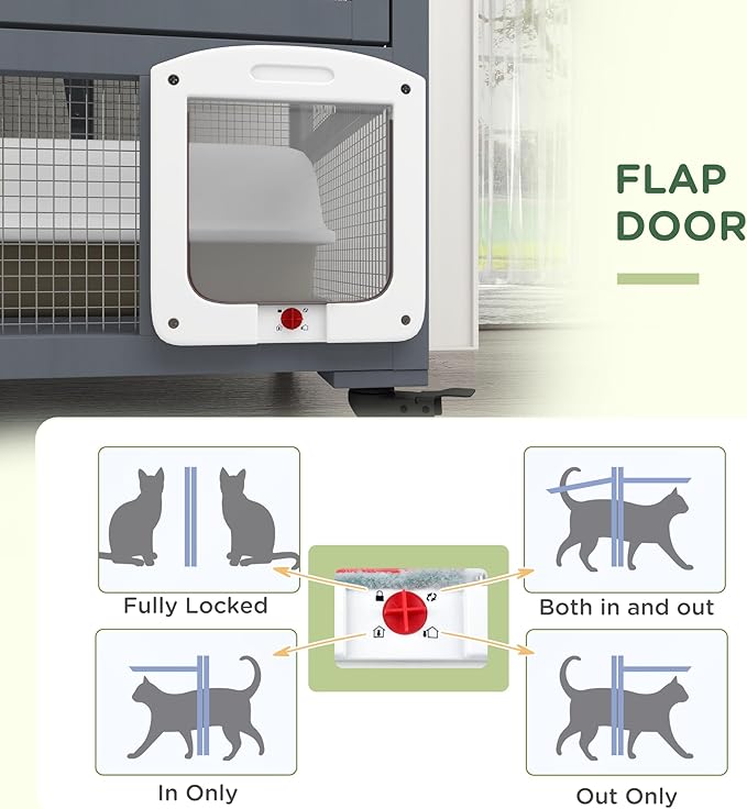 PawHut Indoor Wooden Catio, Cat House Cat Enclosure on Wheels with 3 Platforms, Hammock, Cat Flap Door & Openable Top, Luxury Kitty House for 2 Cats, 39", Light Gray