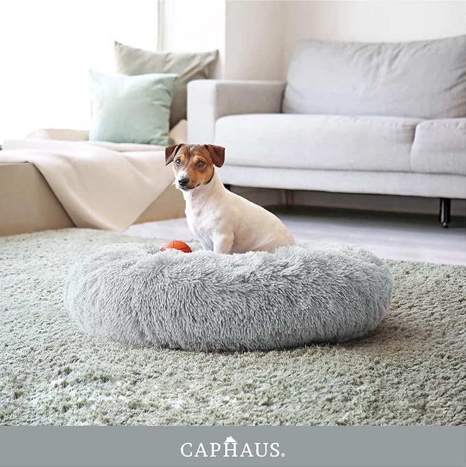 CAPHAUS 24/30 Inch Calming Donut Pet Bed for Small/Medium Cats and Dogs, Anti-Slip Bottom, Washable, Anti-Anxiety Fluffy Round Cat Bed, Indoor Shaggy Cuddler Cotton Candy Brown, Light Gray, Pink Bed