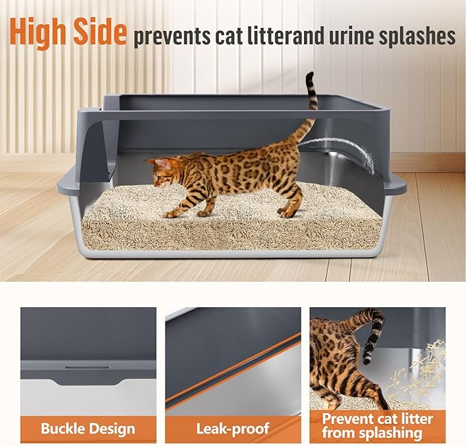 Stainless Steel Litter Box, XXXL 27.6" H x 19.7" W x 11.8" H Extra Large Metal High Sided Cat Litter Box with Scoop, Leak-Proof, Easy Clean for Big Cats/Multiple Cats (Dark Grey)