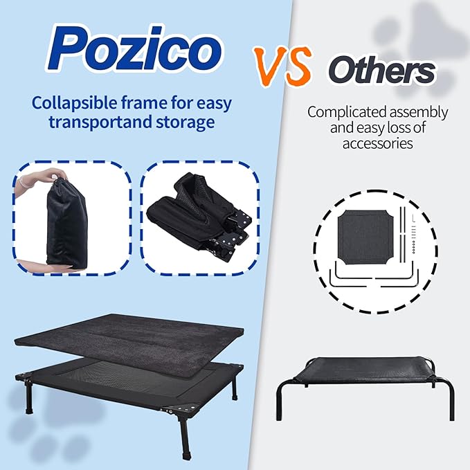 Pozico Elevated Outdoor Dog Bed - Foldable Cooling Dog Cot with Metal Frame, Portable Camping Pet Bed for Large & Medium Dogs, Breathable Mesh for Indoor & Outdoor Use, Black - XL