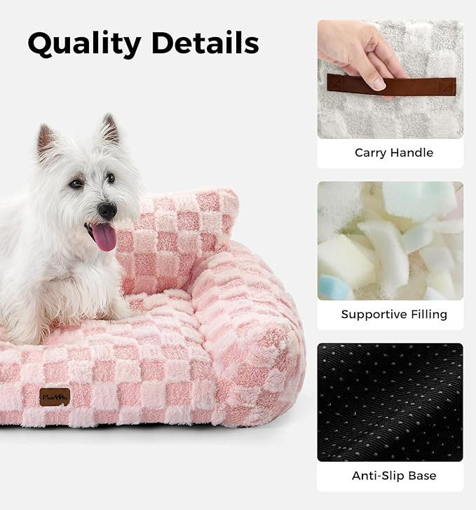 Made4Pets Dog Couch Bed, Soft Faux Fur Checkered Pet Sofa, Comfortable Fluffy Dog Sofa with Supportive Foam, Removable Washable Cover with Non-Slip Base, Pink, Large