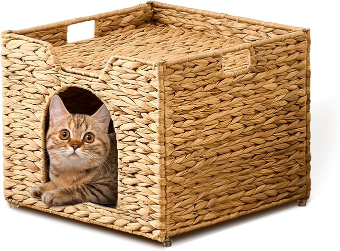 Cat Houses for Indoor Cats, Handwoven Cat Cave Pet Cube, Natural Pet Cat House, Cat Beds with Double-Sided Mat, Cat Condo Hideaway in Living Room Bedroom